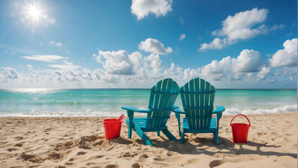 Two Adirondack chairs and red buckets on a sunny beach facing the ocean