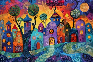 a colorful painting of a town