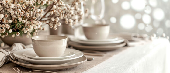 A romantic table setting with soft lighting and lush floral decor creates an intimate dining atmosphere