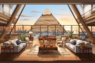 Interior design of a luxury living room in egyptian style overlooking the Great pyramid of Giza in Egypt . Sketch drawing, blueprint design. Ai Generative