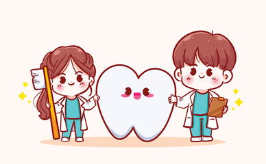 Cute female dentist holding a toothbrush and male dentist with teeth hand drawn cartoon illustration