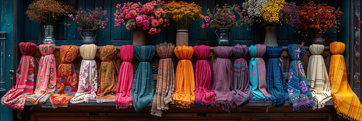 Vibrant scarves and textiles displayed on a rustic wooden market shelf. Eclectic mix of traditional ethnic patterns for design and fashion. Textile art showcase with a cultural theme for decoration.