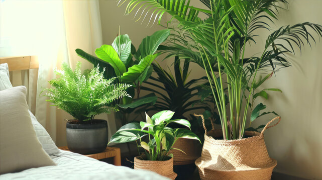 Tropical houseplants in pots on bed, interior design