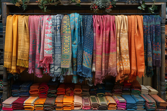 Colorful scarves displayed on market rack. Traditional textiles with ethnic motifs for fashion and home decor. Design for boutique, cultural diversity, and textile industry.