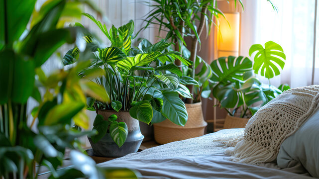 Interior of cozy bedroom with green houseplants in pots.