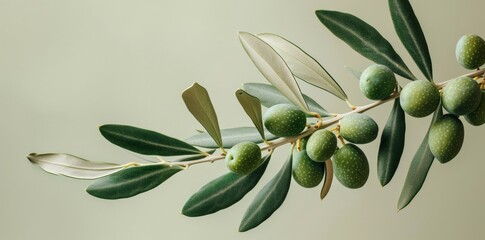 Green olive branch with leaves and fruit on a green background, natural organic concept for healthy...