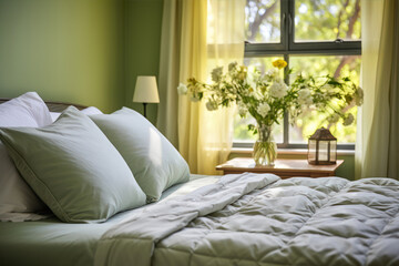 Interior of a bedroom with green curtains, flowers and a bed - Powered by Adobe