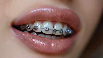 close-up of metal braces on her teeth undergoing orthodontic dental care