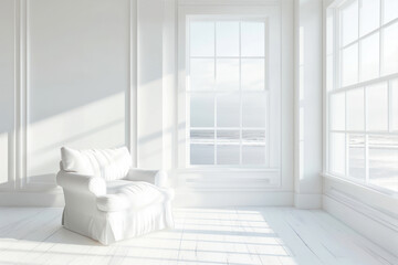 Fototapeta premium White living room interior with a large window and a white sofa.