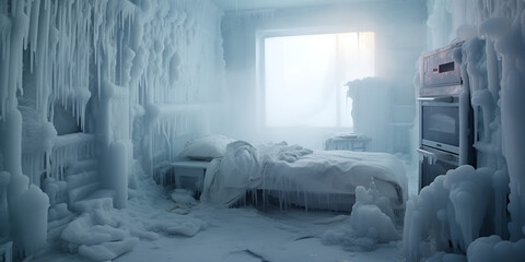  Interior of the frozen living room, A completely frozen bedroom with none inside. Generative ai
