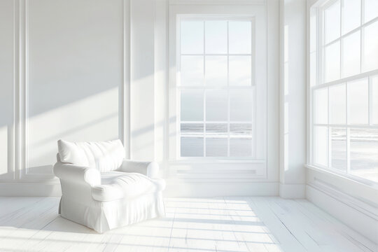White living room interior with a large window and a white sofa.