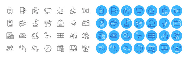 Gps, Cursor and Copywriting notebook line icons pack. Buying house, Bid offer, Video conference web icon. Brand, Realtor, Manual pictogram. Music, Social media, Direction. Translate. Vector