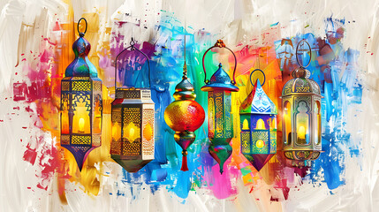 Hand painted oil paint colorful abstract lantern, ramadan kareem
