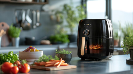 Fototapeta na wymiar Modern air fryer cooking crispy treats, nestled in a sunlit kitchen brimming with greenery and fresh ingredients, showcasing a blend of technology and natural cooking
