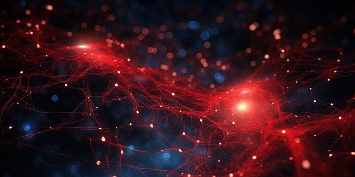 Vibrant digital artwork depicting a glowing red node within a complex network, illustrating data flow