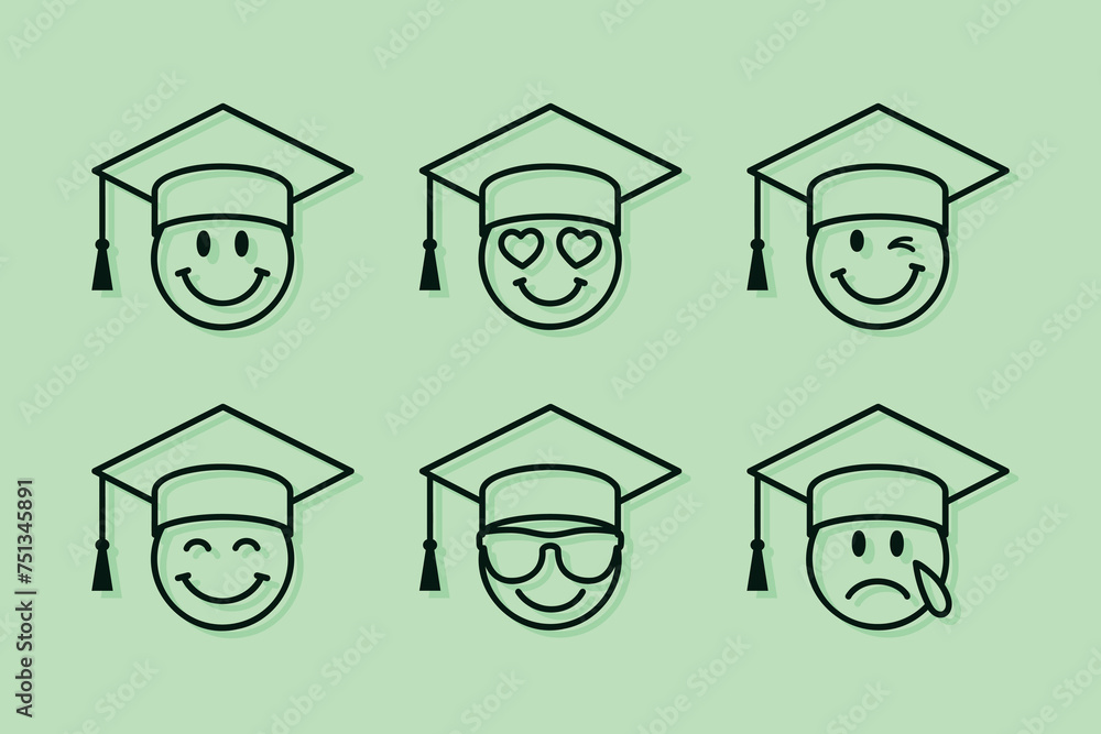 Sticker graduation emoji set, set of thin line smile emoticons with graduation hats isolated on a green background, vector design elements