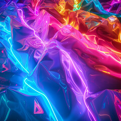 Crumpled iridescent foil creating an electric neon effect that's both luxurious and edgy. A visual feast of colors and shapes