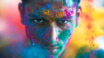 young man staring his face covered in colorful colors