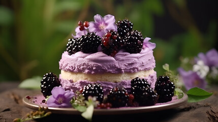 Obraz na płótnie Canvas blueberries cake dessert dreamy delicious cheesecake,Mousse cake with strawberry,Piece of cake with blackberries and violet rose on a dark background