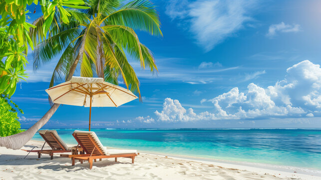 Beach vacation. White sand beach with palm trees and hammocks with chic ocean background.