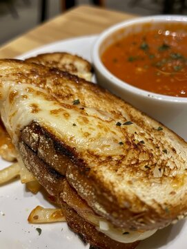 A close-up photo of a grilled cheese sandwich cut in half, revealing melted cheese and a bowl of tomato soup on a white plate.