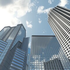 Obraz premium Skyscrapers, high-rise buildings from below against the background of the sky, cityscape, panorama of skyscrapers, 3D rendering