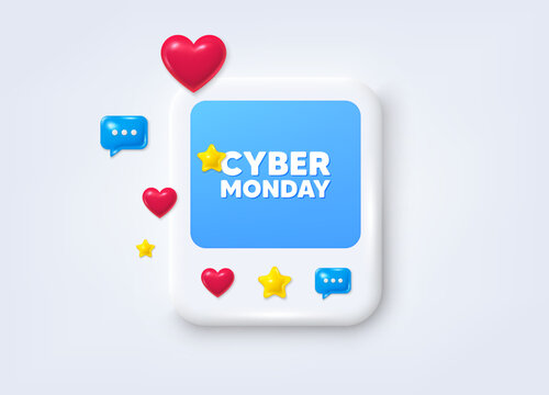 Social media post 3d frame. Cyber Monday Sale tag. Special offer price sign. Advertising Discounts symbol. Cyber monday message frame. Social media photo banner. Like, star and chat icons. Vector
