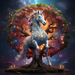 Cosmic Harmony: Tree of Life with Unicorn