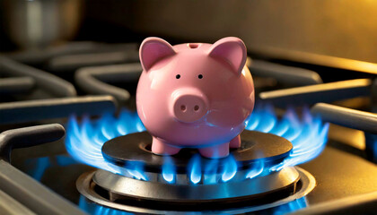 Close-up of a piggy bank above a kitchen stove with blue flames burning.Gas savings concept. Generative Ai. - obrazy, fototapety, plakaty