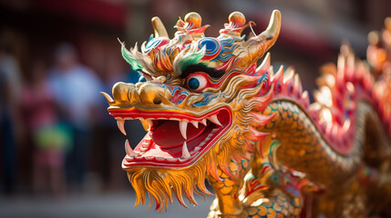 Chinese dragon statue in chinese temple, closeup of photo. generativa IA