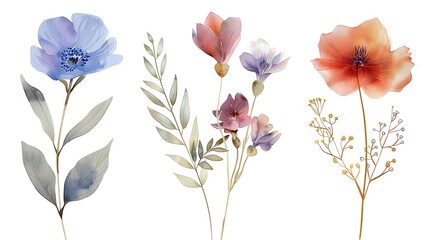 watercolor arrangements with small flower. Botanical illustration minimal style. Generative Ai