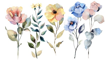 Watercolor floral bouquet illustration set - blush pink blue yellow flower green leaf leaves branches bouquets collection. Wedding stationary, greetings, wallpapers, fashion, background. Generative Ai