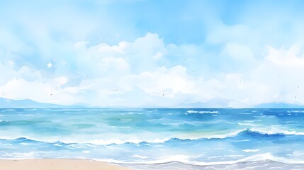 A watercolor painting of a beach with a blue sky and waves
