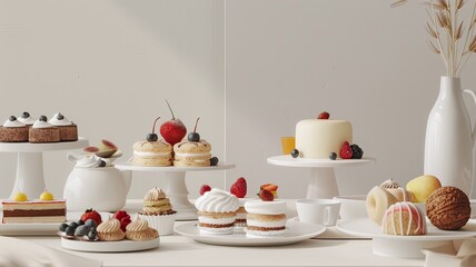 an assortment of delectable desserts beautifully arranged on a modern white table indoors.