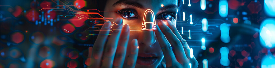 Close-up view of human eye. Cyber ​​security concept. - obrazy, fototapety, plakaty
