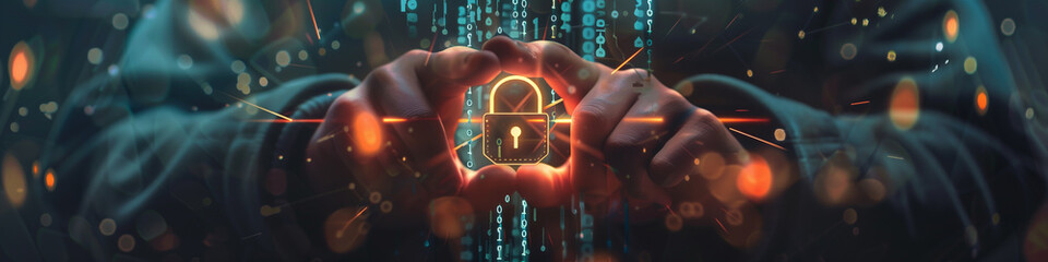 Closeup of businessman hand holding digital padlock in data protection technology network