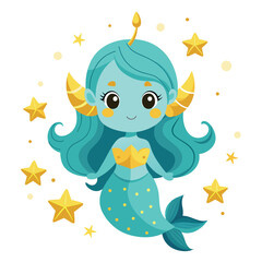 cute Aquarius with golden stars illustration on white background