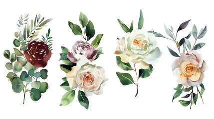 Watercolor floral bouquets set - green leaves, burgundy maroon pink peach blush white flowers leaf branches. Wedding invitations stationery wallpapers fashion prints. Eucalyptus, olive. Generative Ai