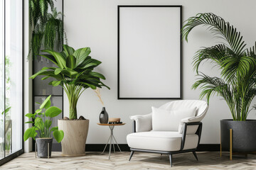 A modern living room featuring a chair, potted plants, and a picture frame on the wall