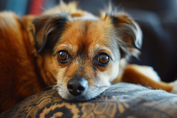 A small brown dog is comfortably laying on top of a couch, looking relaxed and content