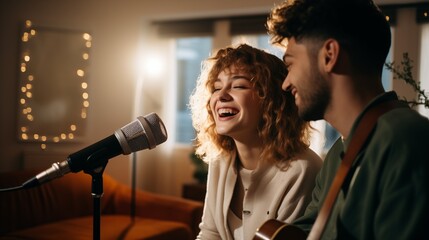 Two young people enjoying singing with microphones performing a song. Man and woman singers