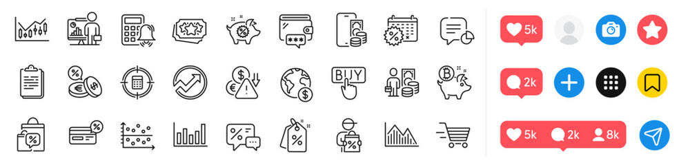 Financial diagram, Discount tags and Calculator alarm line icons pack. Social media icons. Cashback, Global business, Wallet web icon. Audit, Calculator target, Piggy sale pictogram. Statistic. Vector