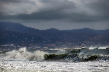 Storm and waves on the bay of Malaga