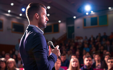 Man holding microphone and giving speech at crowd in seminar. Public speaking concept. - obrazy, fototapety, plakaty