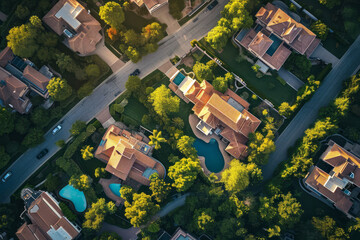 A birds eye view of residential houses tightly packed in a suburban neighborhood
