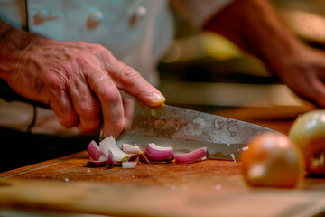 Obraz premium Chef cutting onion with knife in restaurant kitchen, closeup.