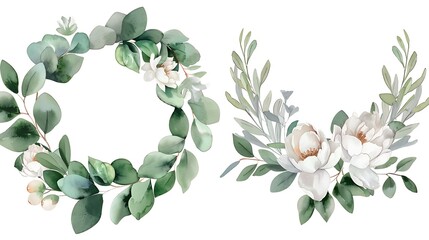 Watercolor floral illustration set bouquet, wreath, frame green leaves, pink peach blush white flowers branches. Wedding invitations, greetings, wallpapers, fashion, prints. Eucalyptus. Generative Ai - obrazy, fototapety, plakaty