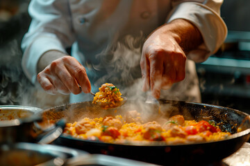 Chef cooking paella in the kitchen of a restaurant