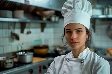 Portrait of a beautiful female chef standing with arms crossed in a restaurant kitchen
