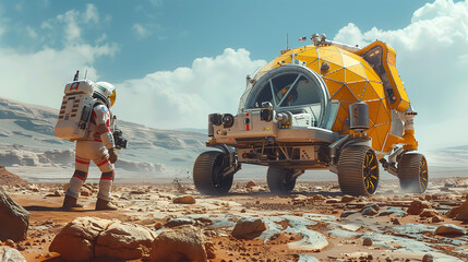Astronaut exploring mars with space rover: concept of a futuristic rocket scientist on a mars mission standing beside an exploration rover - obrazy, fototapety, plakaty